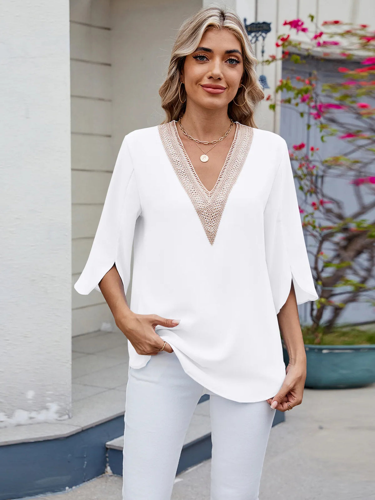 V-Neck Lace Trim Blouse - Ladyez