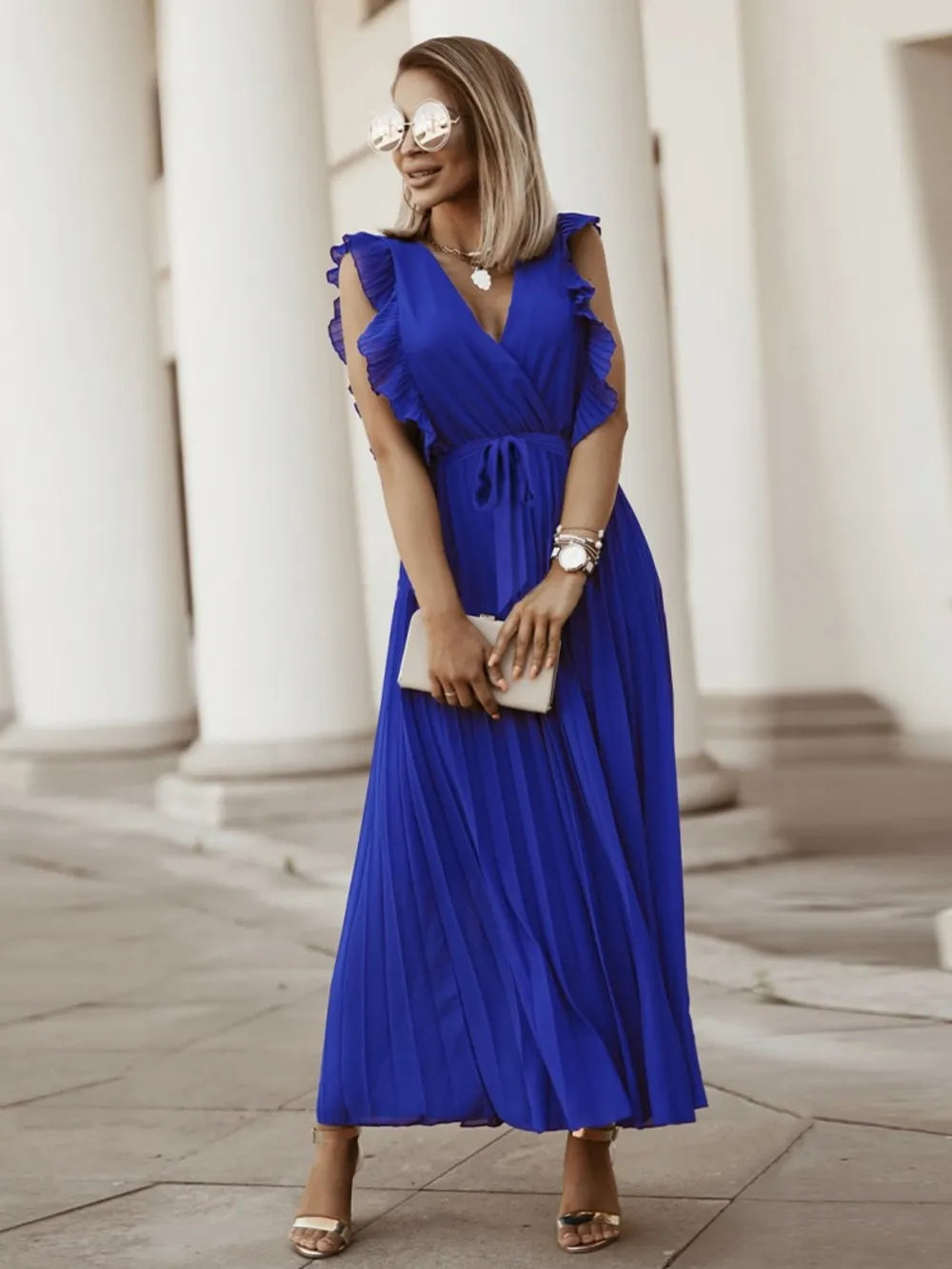 Tied Surplice Cap Sleeve Pleated Dress - Ladyez