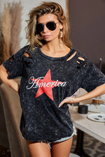 BiBi Laser Cut Mineral Washed Jersey Top withAmerica