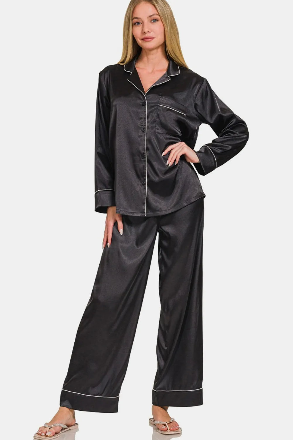 Zenana Satin Long Sleeve Shirt and Pants Pajama Set - Ladyez