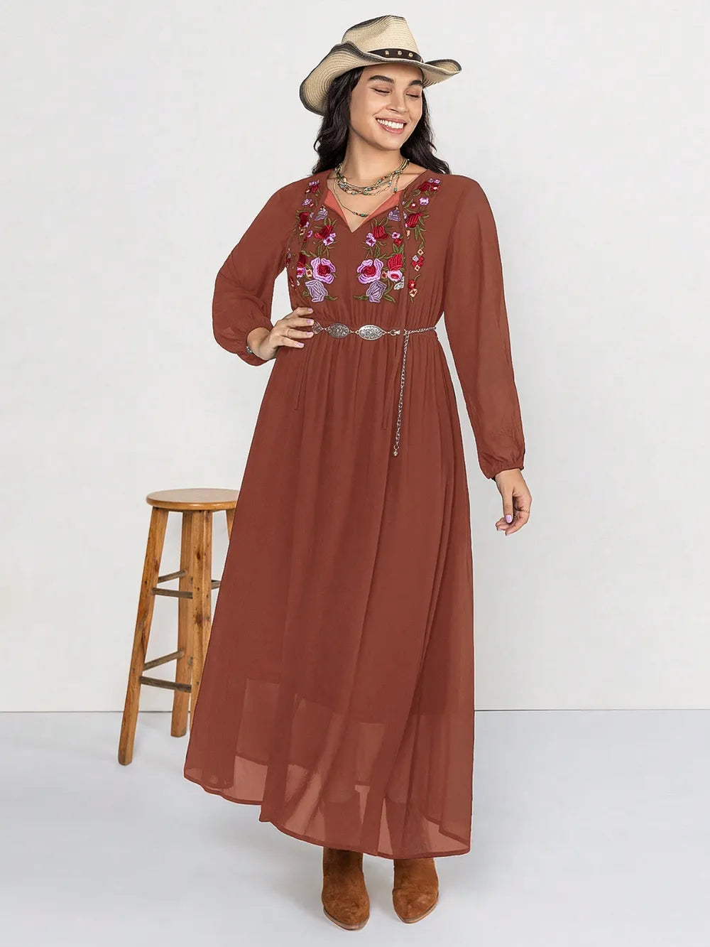 Plus Size Embroidered Tie Neck Long Sleeve Dress - Ladyez