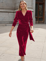 Surplice Puff Sleeve Midi Dress - Ladyez