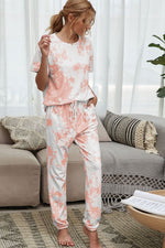 Shiny Tie-Dye Tee and Drawstring Waist Joggers Lounge Set - Ladyez