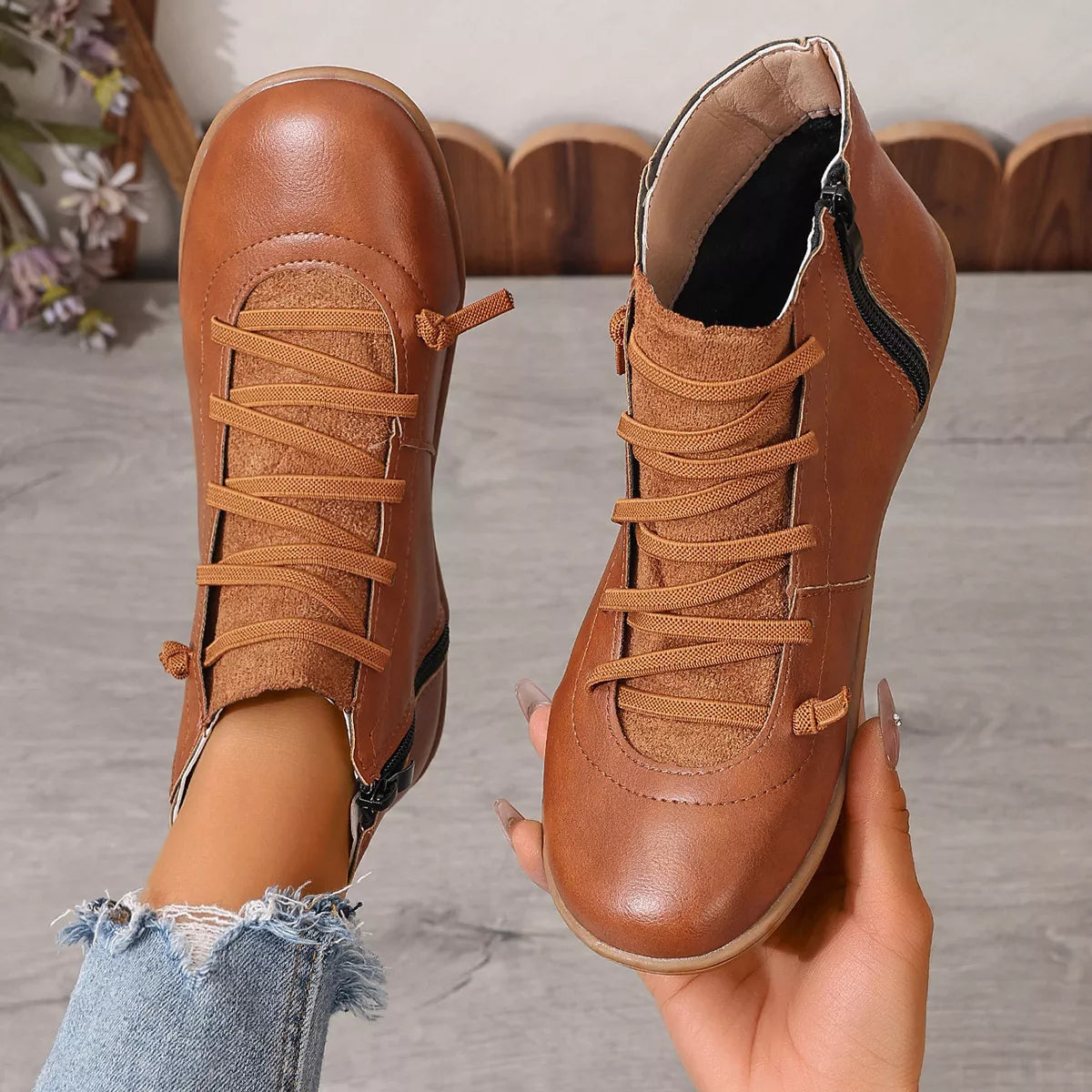 Lace-Up Faux Leather Ankle Boots