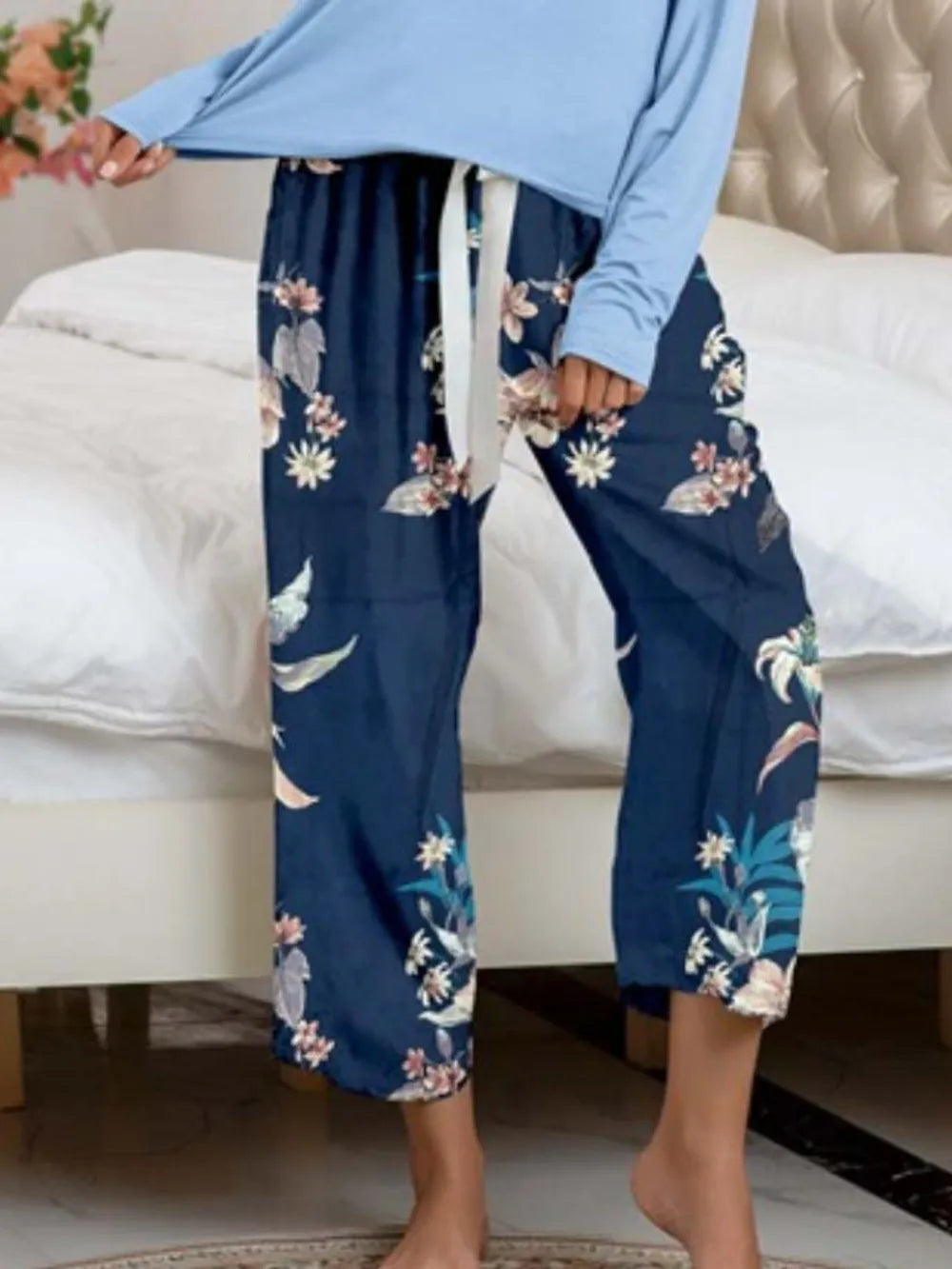 Round Neck Top and Printed Pants Lounge Set - Ladyez