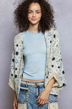 POL Open Front Floral Pattern Crochet Cardigan