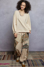 POL Balloon Sleeve Oversized Ribbed Top with Floral Pattern Contrast