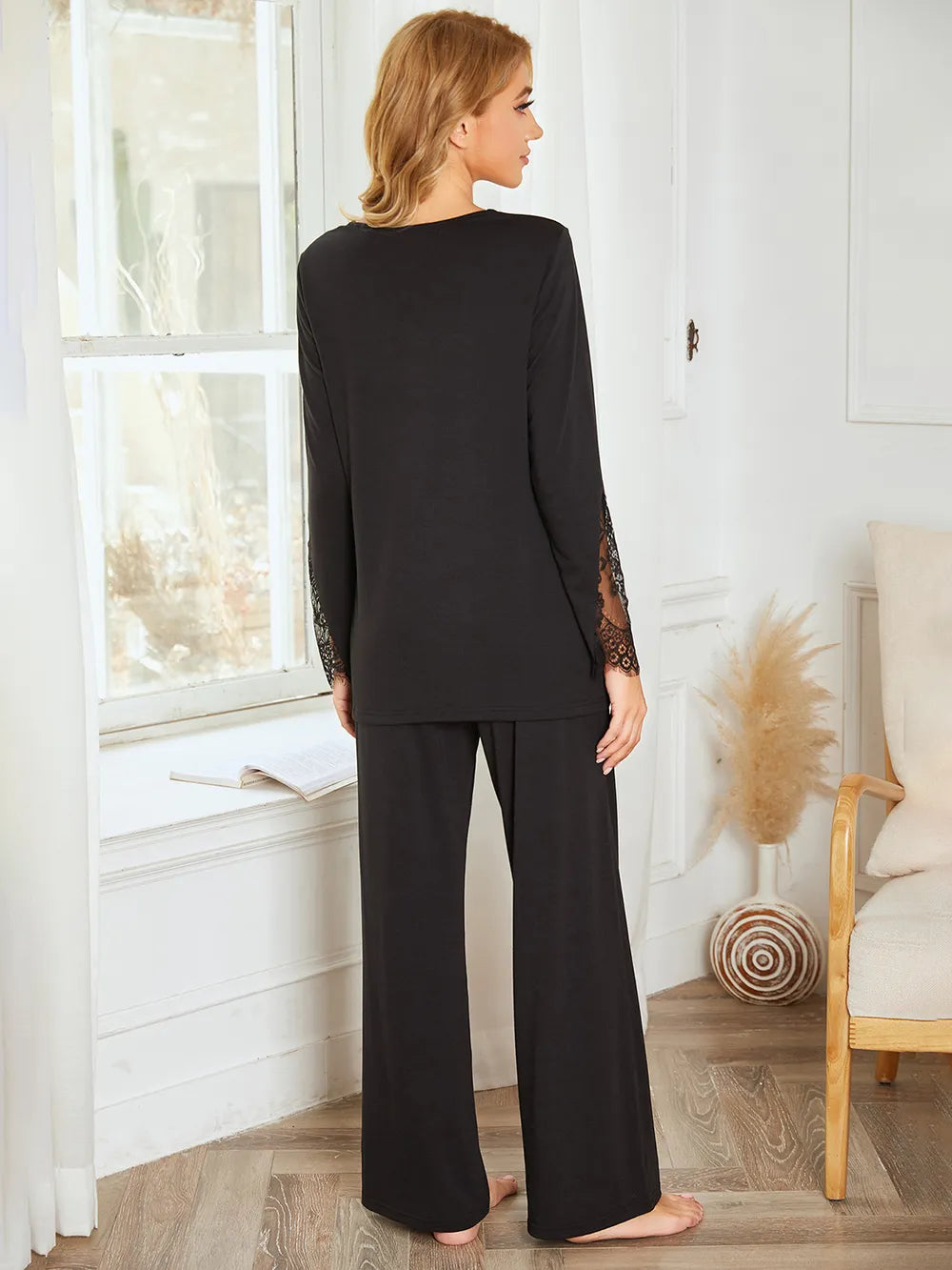 Lace Detail Long Sleeve Top and Pants Lounge Set - Ladyez