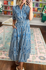 Geometric Print Short Sleeve Drawstring Shirt Collar Dress