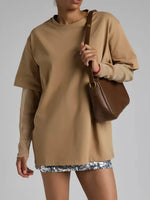 Faux Layered Round Neck Mesh Sleeve Top