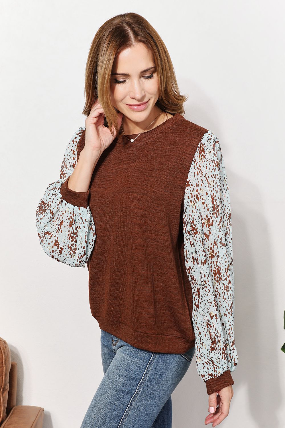 And The WhyFull Size Foil Printed Sleeve Top