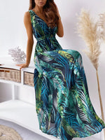 Leaf Print Sleeveless Maxi Dress