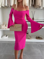 Off Shoulder Bell Sleeve Bodycon Midi Dress - Ladyez