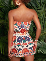 Floral Print Strapless Elastic Waist Romper