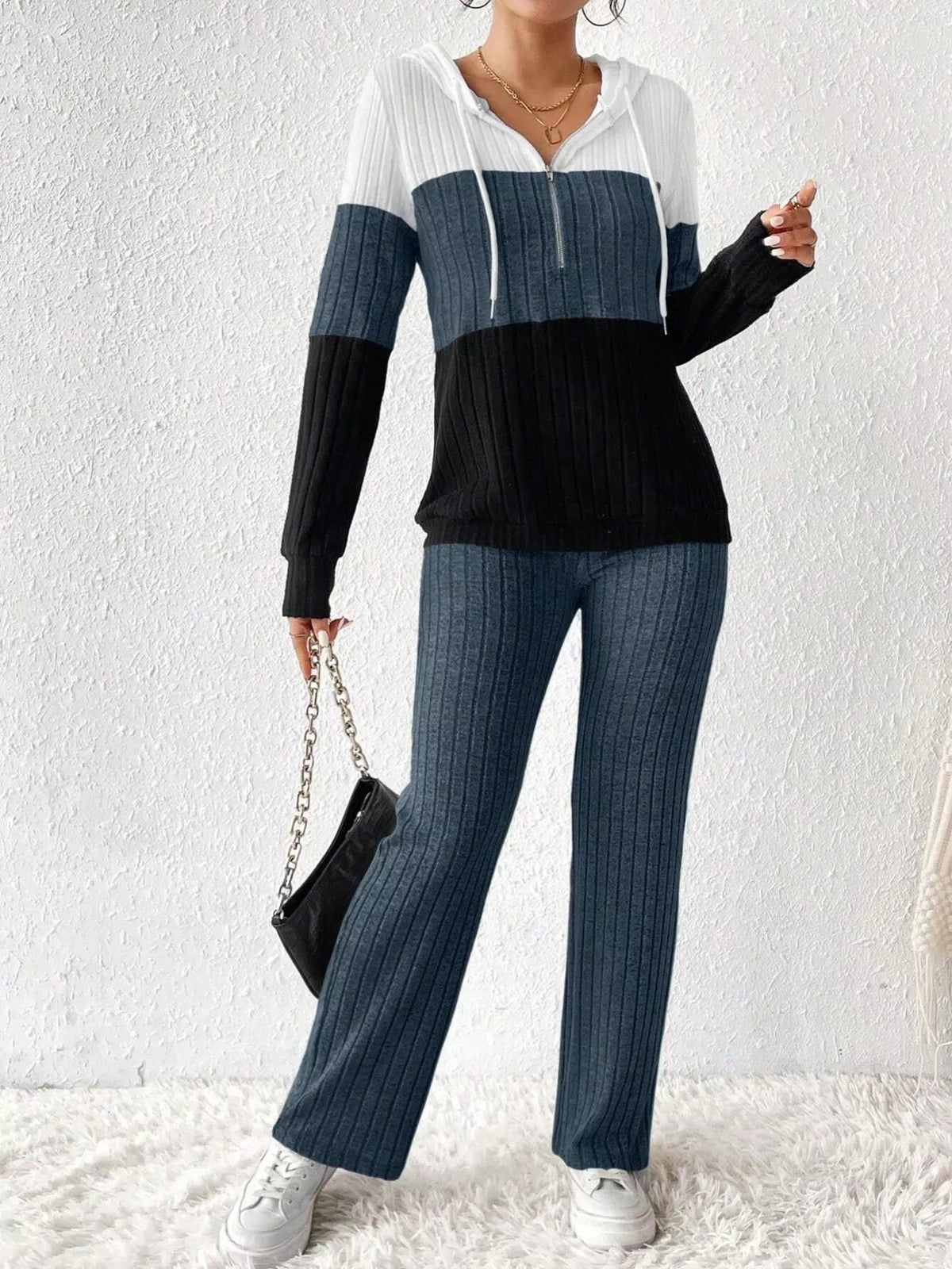 Color Block Half Zip Hooded Top and Pants Set