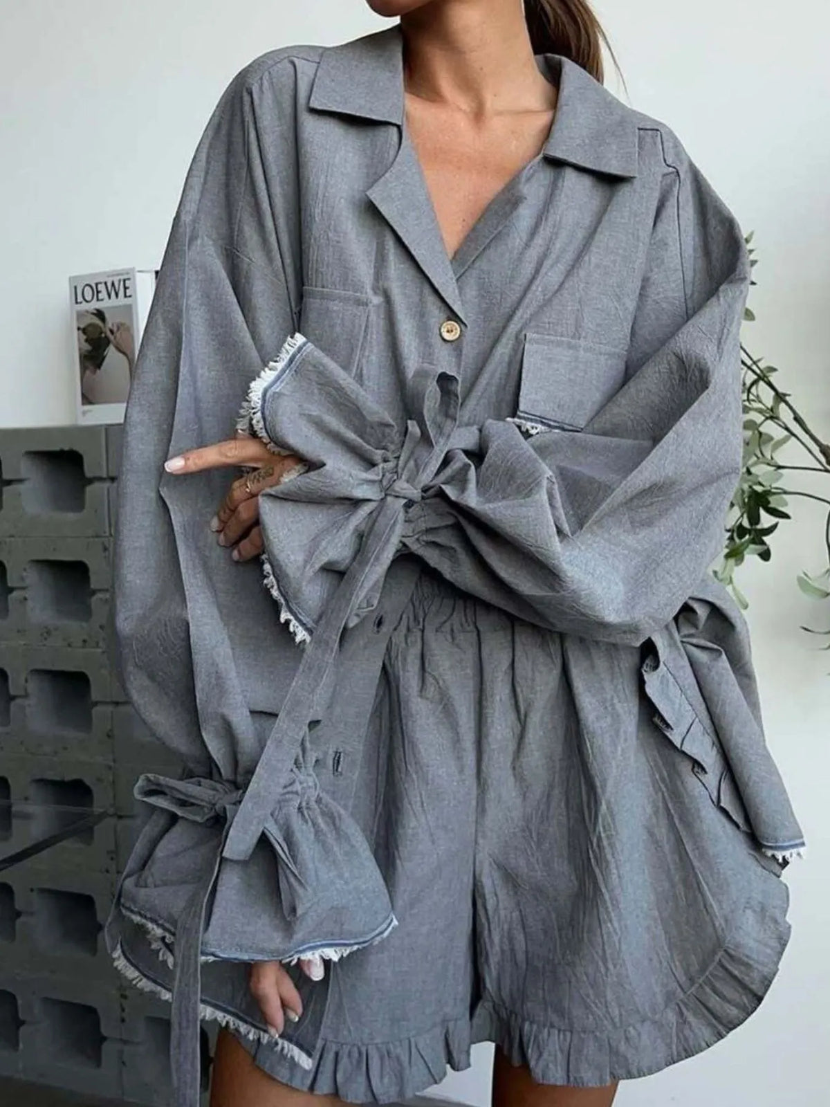 Button Up Flounce Sleeve Top and Shorts Set - Ladyez