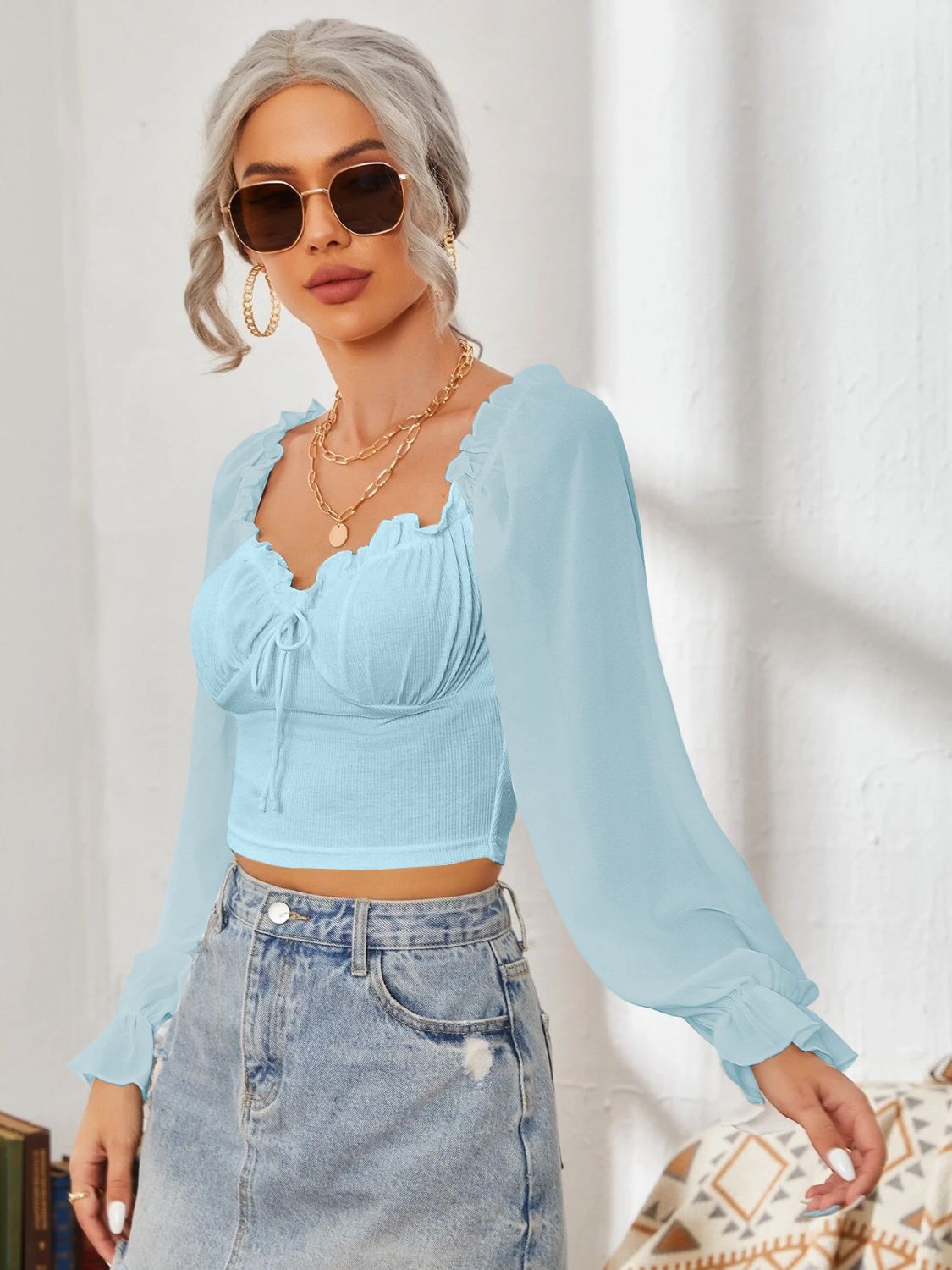 Mesh Sweetheart Neck Flounce Sleeve Top - Ladyez
