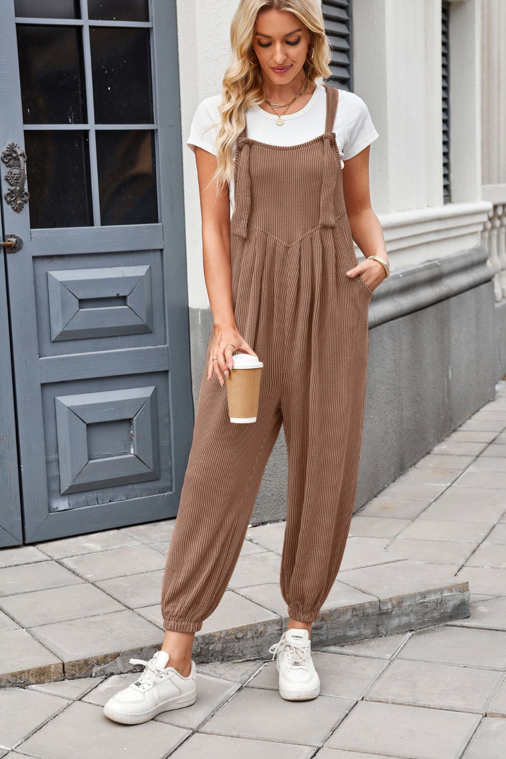 Lovelet Knotted Strap Overalls with Pockets - Ladyez