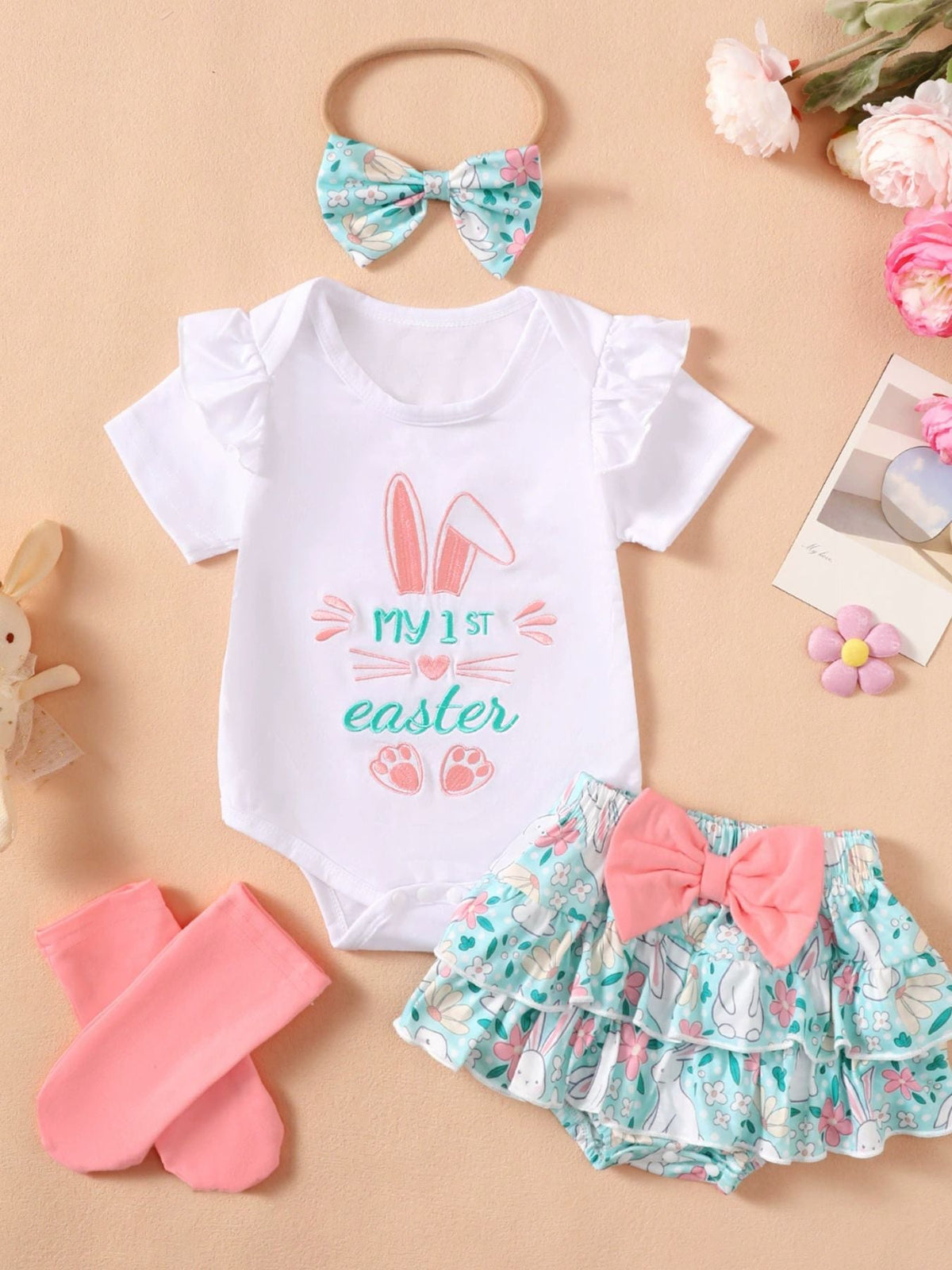 Children's Ruffled Trim Bodysuit and Skirt Set with Headband