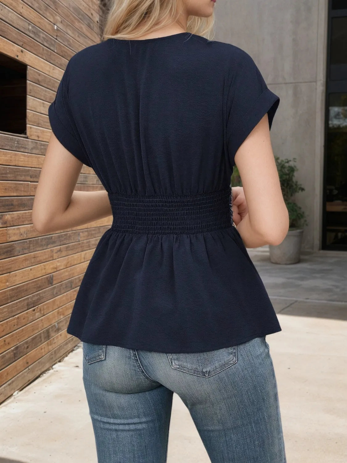 Surplice Short Sleeve Blouse - Ladyez