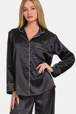 Zenana Satin Long Sleeve Shirt and Pants Pajama Set - Ladyez