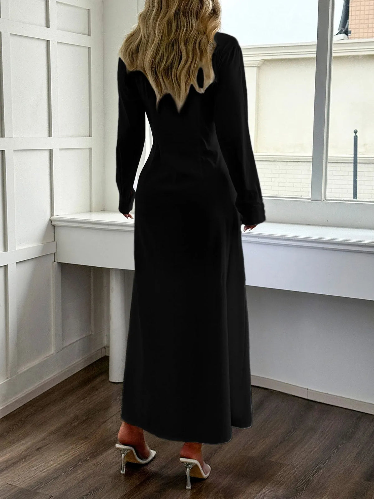 Slit Long Sleeve Maxi Shirt Dress - Ladyez