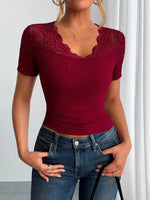 Elegant Lace Trim V-Neck Fitted Top