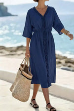 Frill V-Neck Half Sleeve Midi Dress