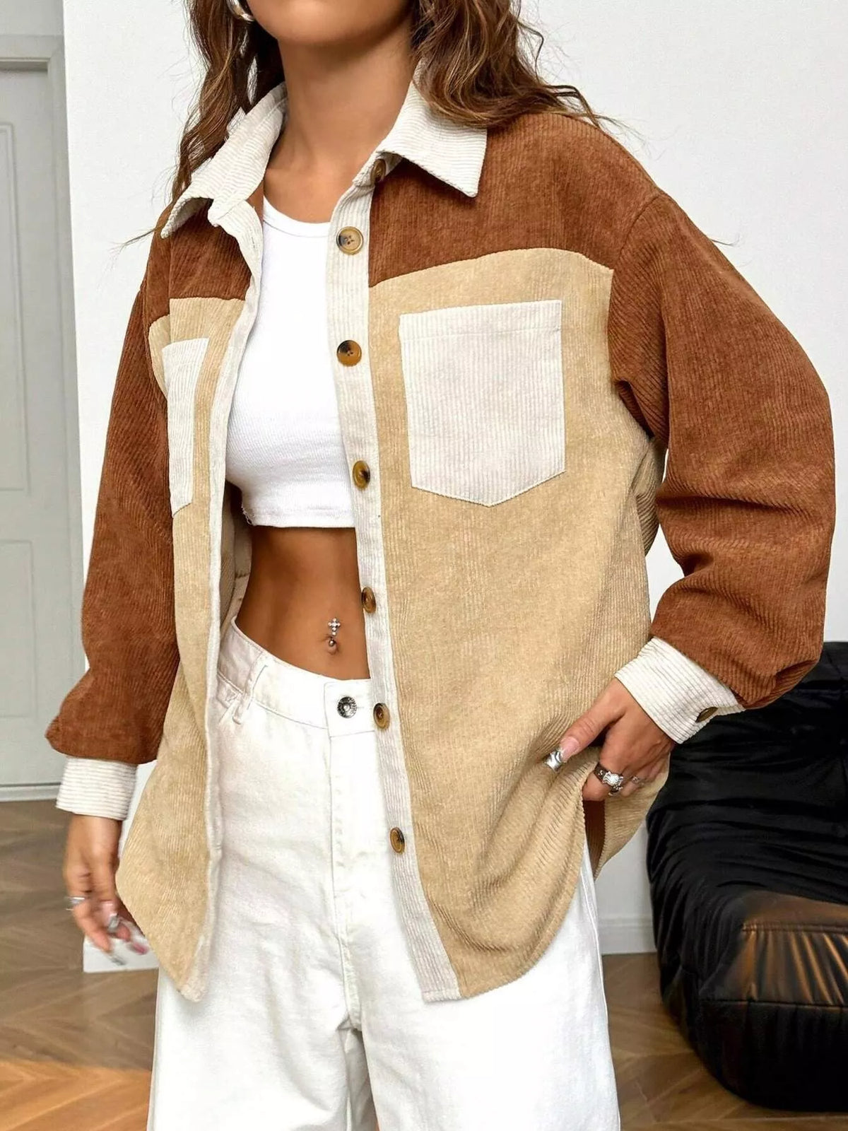 Color Block Corduroy Button-Up Jacket