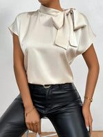 Satin Bow Tie Neck Blouse - Ladyez