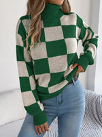 Checkered Turtleneck Long Sleeve Sweater