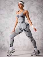 Back Crisscross Tie-Dye Scoop Neck Active Jumpsuit - Ladyez