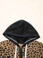 Leopard Patchwork Contrast Stitching Knotted Cuff Quarter Zip Hoodie