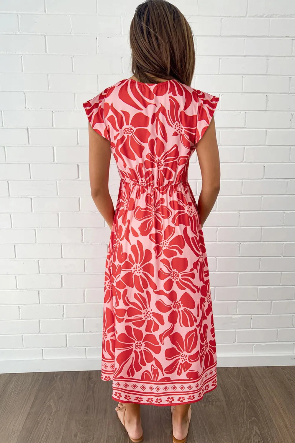 FloralRuffled V-Neck Midi Dress with Button Front