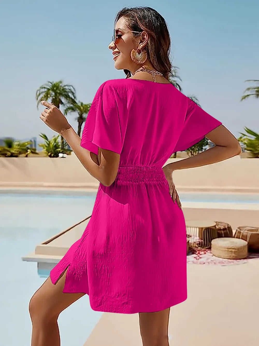 Smocked V-Neck Short Sleeve Dress - Ladyez