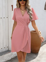 Surplice Short Sleeve Mini Dress - Ladyez