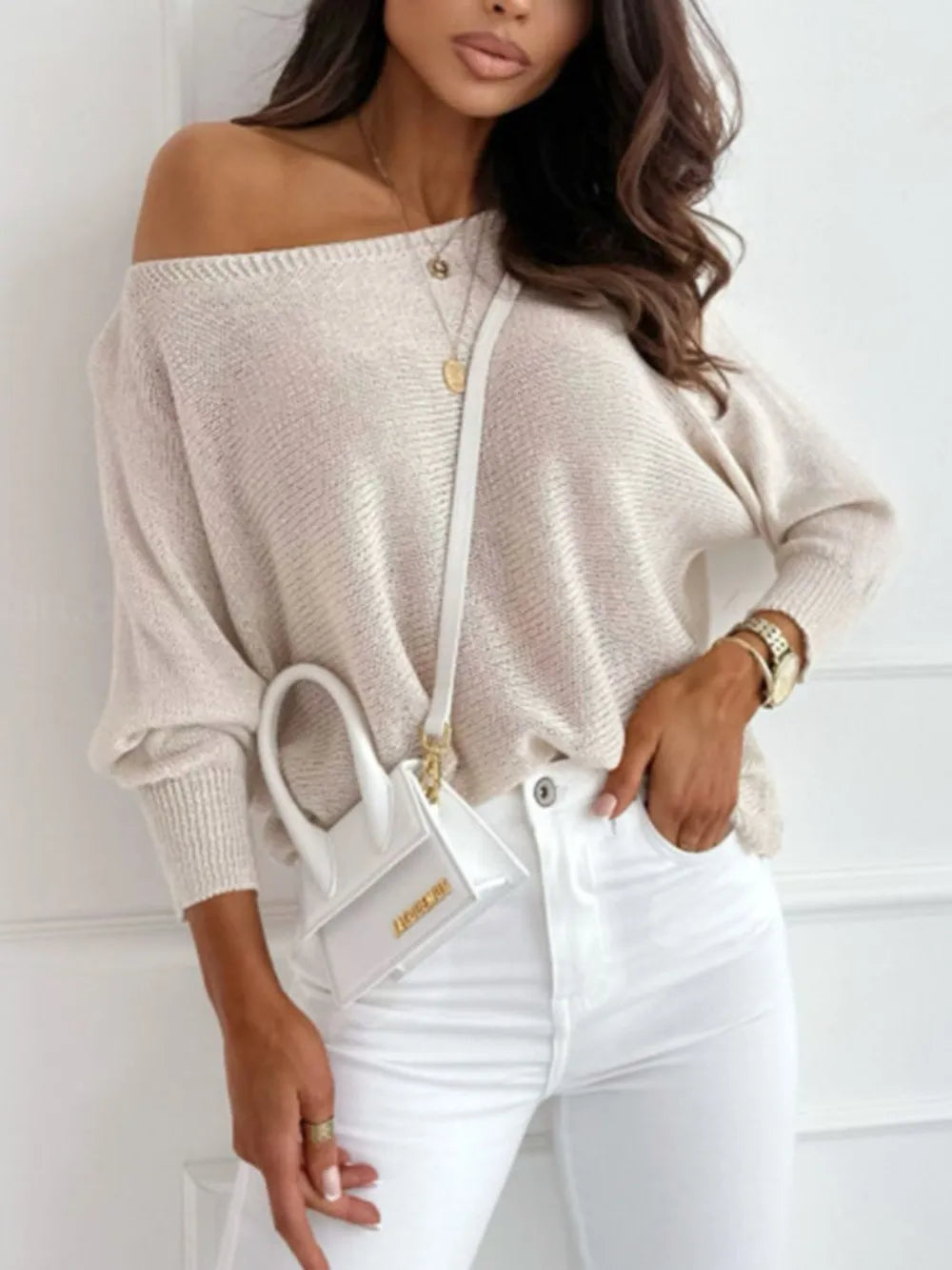 Bow Back Boat Neck Batwing Sleeve Sweater