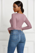 Half Zip Scoop Neck Long Sleeve Bodysuit - Ladyez