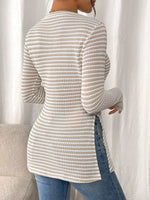 Slit Striped Long Sleeve Casual T-Shirt