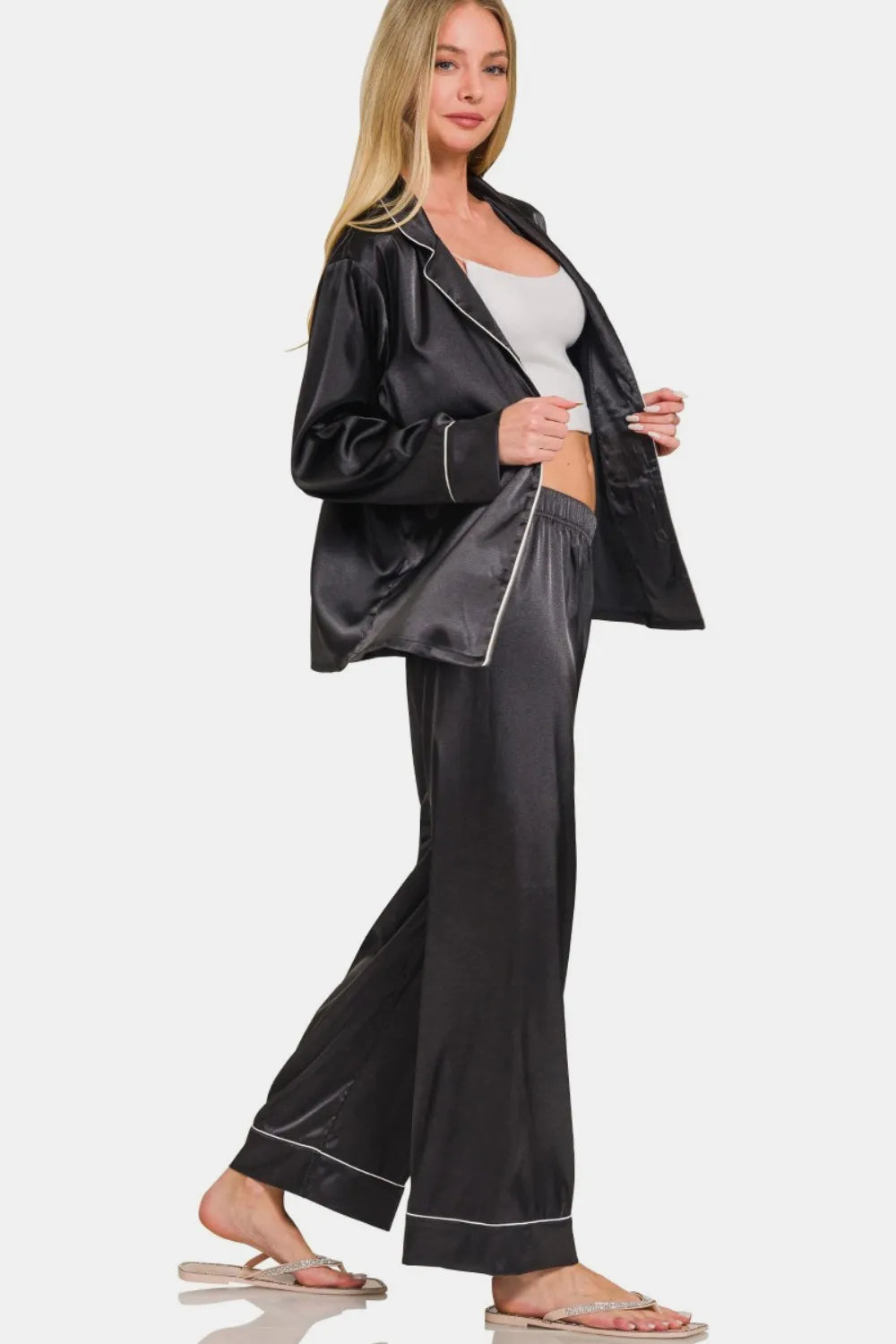 Zenana Satin Long Sleeve Shirt and Pants Pajama Set - Ladyez