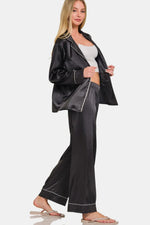 Zenana Satin Long Sleeve Shirt and Pants Pajama Set - Ladyez