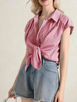 Plaid Button Up Cap Sleeve Shirt