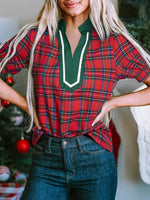 Plaid Notched Short Sleeve Blouse