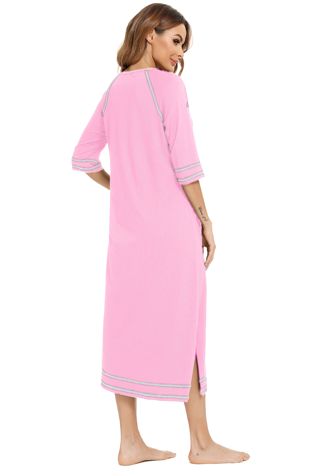 Zip Up Slit Round Neck Night Dress with Pockets - Ladyez