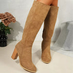 Point Toe Knee-High Suede Block Heel Boots