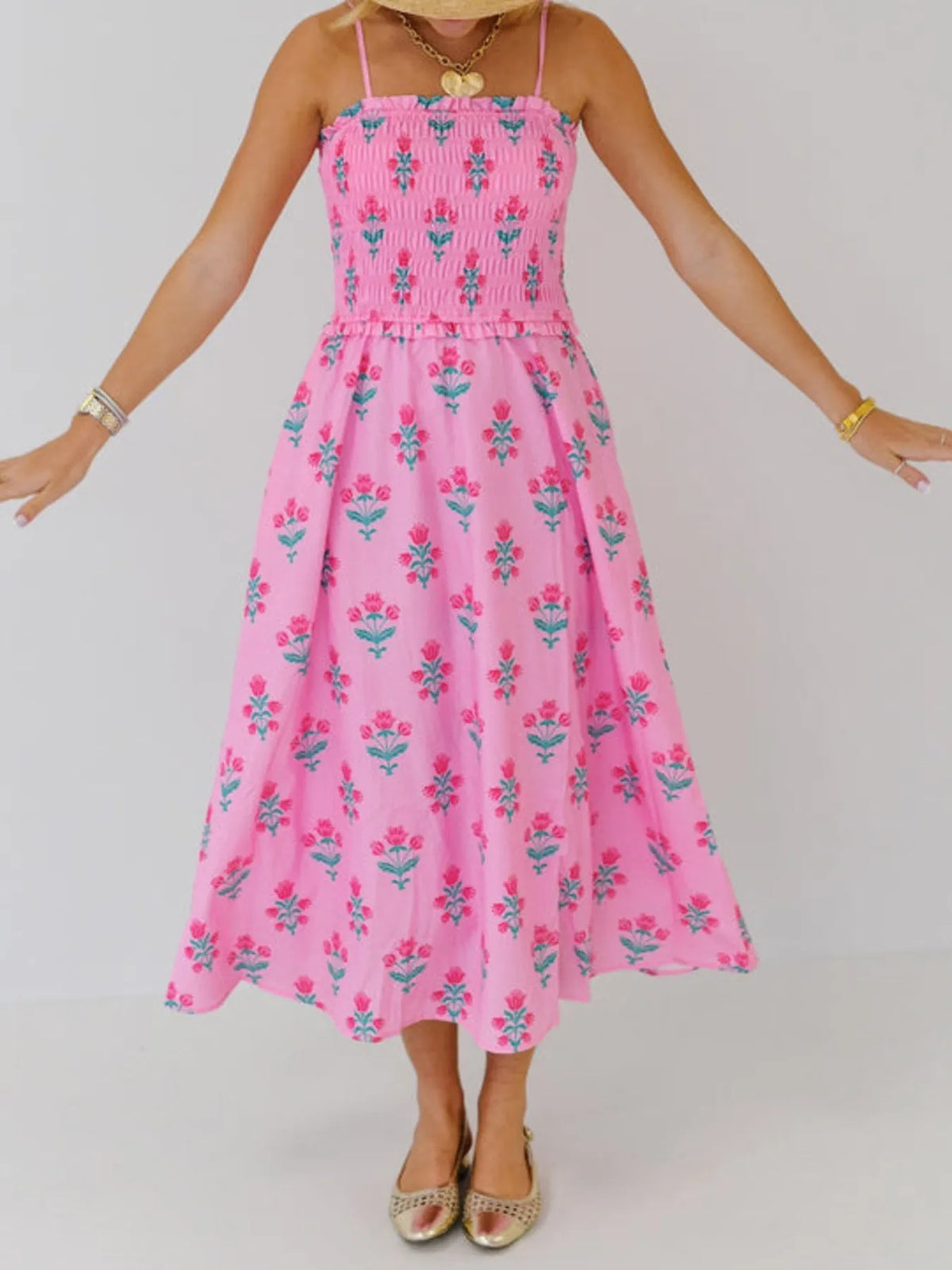 Floral Smocked Adjustable Strap Midi Cami Dress