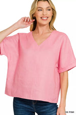 Zenana Linen V-Neck Cuffed Sleeve Top