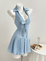 Halter Neck Bow Tie Pleated Mini Dress