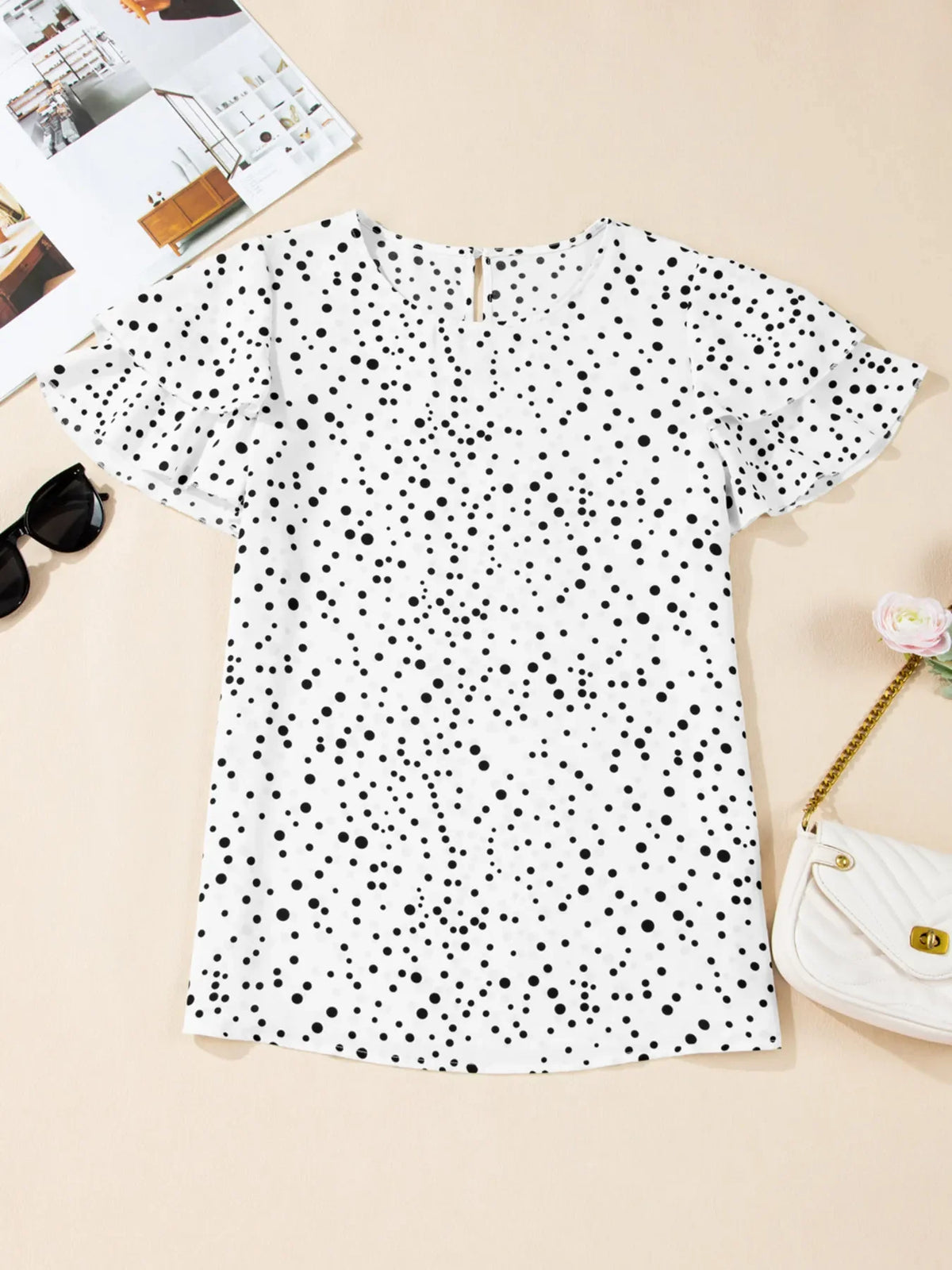 Polka Dot Layered Ruffled Short Sleeve Blouse