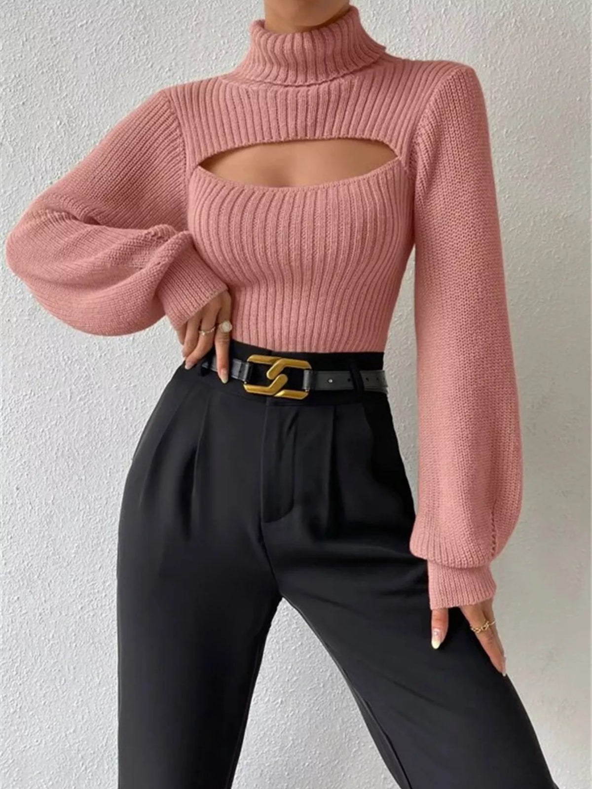Cutout Front Turtleneck Long Sleeve Sweater